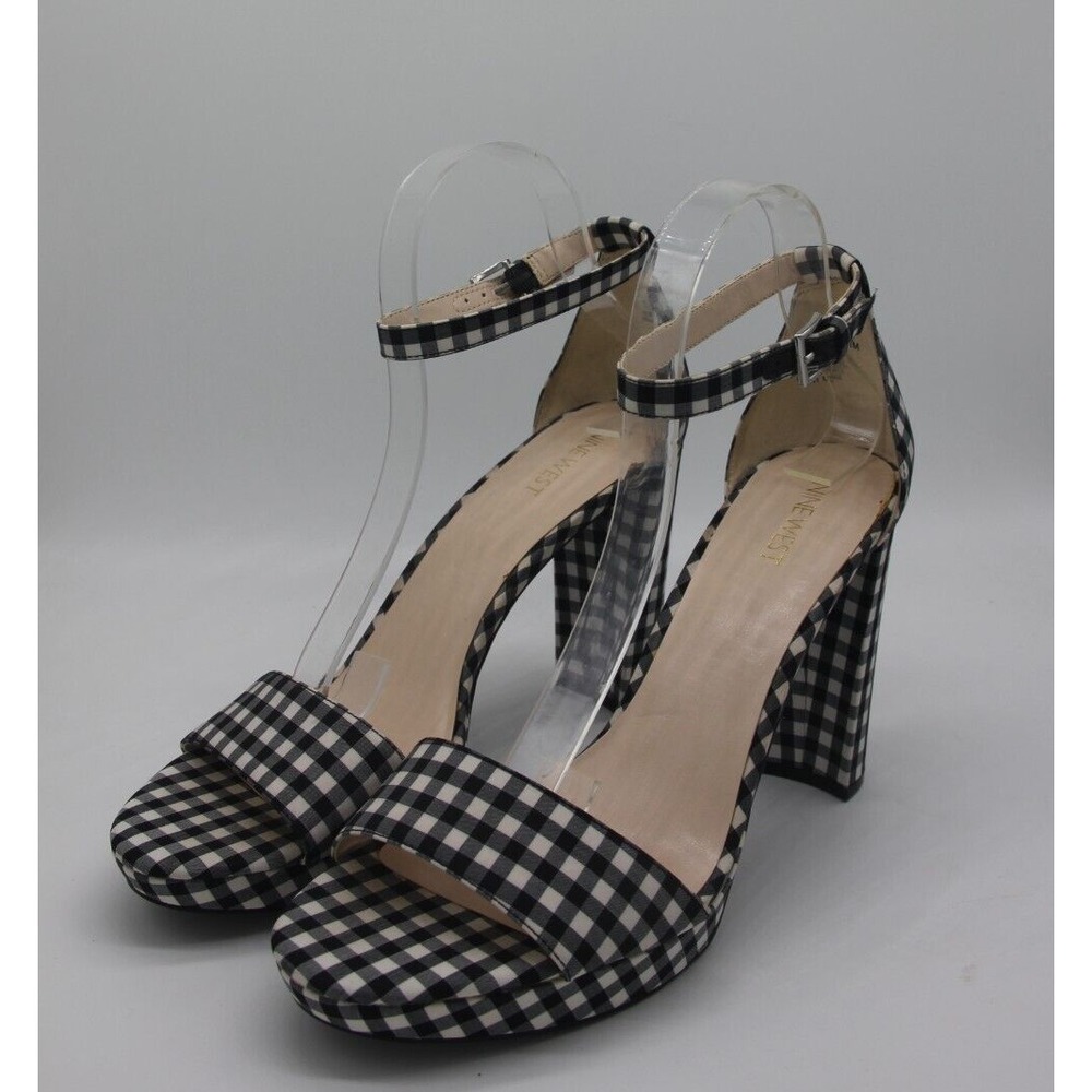 Nine West Platform Sandals Womens Size 11 Black White Gingham Check Ankle Strap